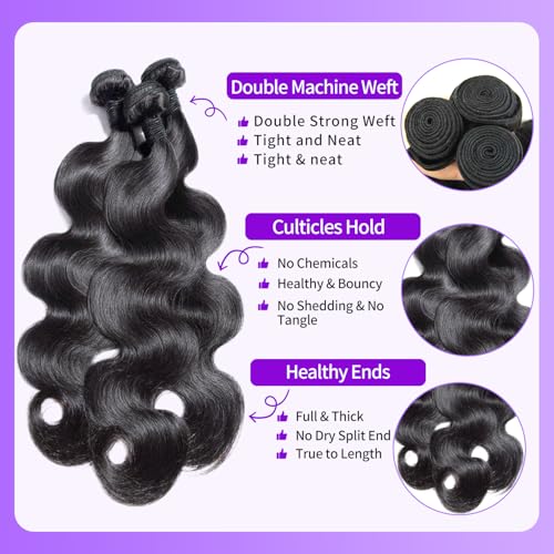 Body Wave Bundles with Closure Human Hair 14 16 18 + 12 Inch Brazilian Human Hair 3 Bundles with 4x4 HD Lace Closure Part 12A Grade 100% Unprocessed Virgin Hair