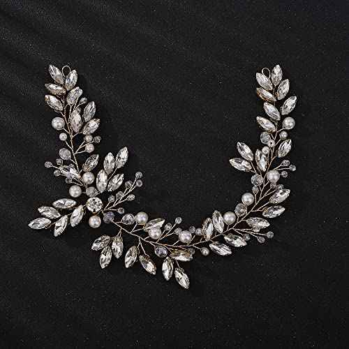 Teyglen Wedding Bride Rhinestones Pearls Crystal Headband Hair Vine Handmade Bridal Headband Wedding Hair Accessories for Brides Hair Pieces Headpieces for Women(Gold)