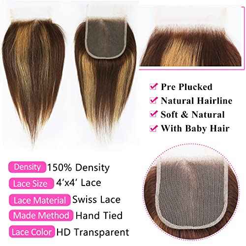 FQ 4/27 Highlight Bundles and Closure Straight P4/27 Human Hair Bundle with Closure(10 10 10+10) Brazilian Ombre Honey Blond Colored Short Bob 50g 3 Bundles with 4x4 Lace Closure