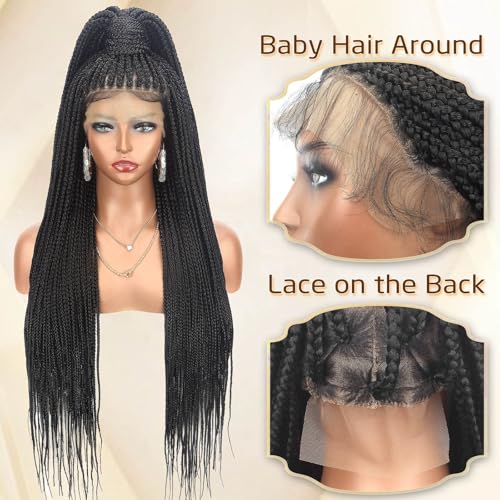 36" Full Lace Knotless Box Braided Wigs for Black Women Twisted Braids Lace Synthetic Frontal Black Cornrow Wig with Baby Hair, Lightweight (1B)
