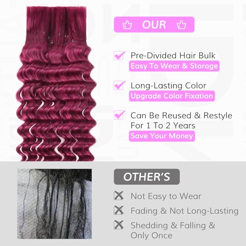 IDN BEAUTY Pre Divided Human Braiding for Boho Braids Hair Extensions, 18 Inch 100g 99J Burgundy Deep Wave Human Hair for Braiding Bohemian No Weft 12A Virgin Brazilian Wet and Wavy