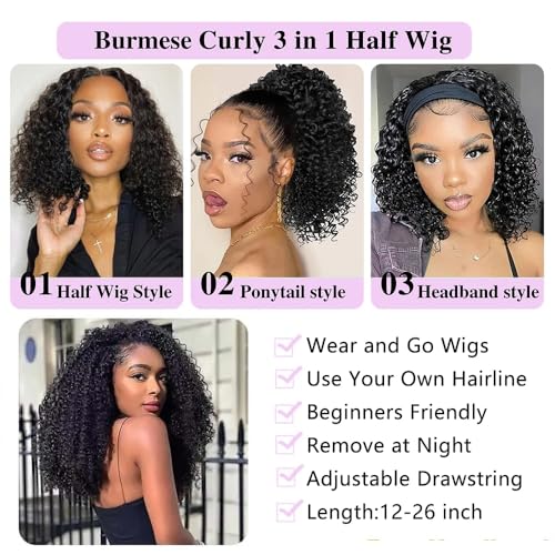JYZ Half Wig Human Hair 300% Density 3 In 1 Seamless Flip Over Half Wig Invisible Hairline Glueless Wear and Go Beginner Friendly Curly Human Hair Wigs for Women 18 Inch