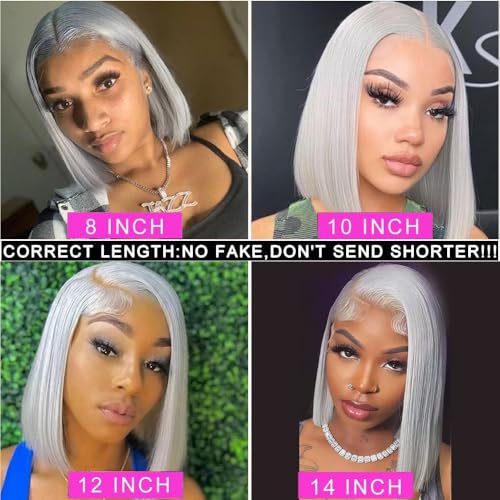 Silver Grey Bob Wig Human Hair 14 Inch 13x4 HD Straight Grey Bob Lace Front Wigs Human Hair Wear and Go Glueless Wig Pre Plucked with Baby Hair Short Grey Bob hd Lace Frontal Wigs For Black Women