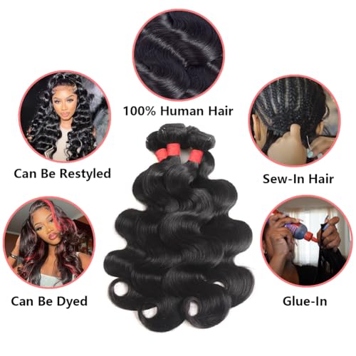 Body Wave Bundles Human Hair 14 16 18 20 Inch 4 Bundles Human Hair 12A Unprocessed Brazilian Virgin 100% Real Human Hair Bundles Double Weft Natural Black Color Hair Extensions
