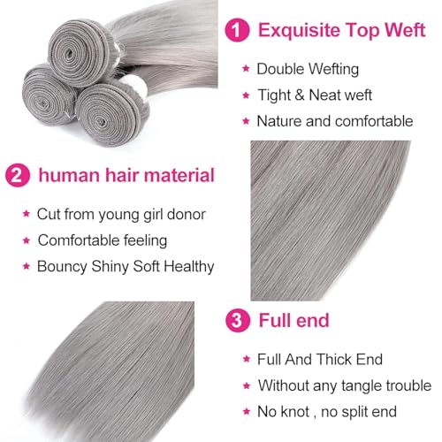 Augfst Brazilian Virgin Human Hair Bundles Sliver Grey Straight Wave Bundles Human Hair 16 18 20 inch Inch 12A Unprocessed Sewn In Quick Weave for Black Women