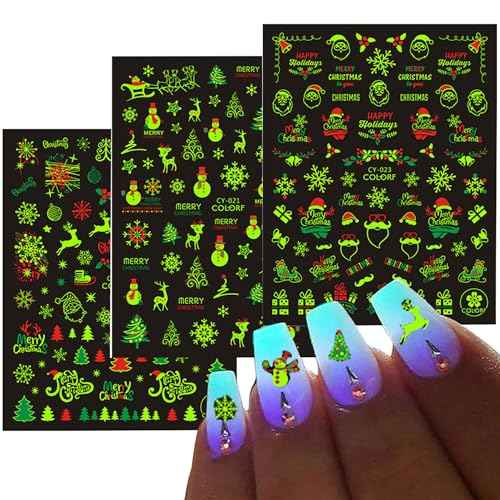 Christmas Luminous Nail Art Stickers, Fluorescent Nail Self-Adhesive Decals, Glow in The Dark Nail Art Design Snowflake Elk Christmas Nail Sticker Decoration for Women Manicure 3D Nail Decal£¨6Sheet
