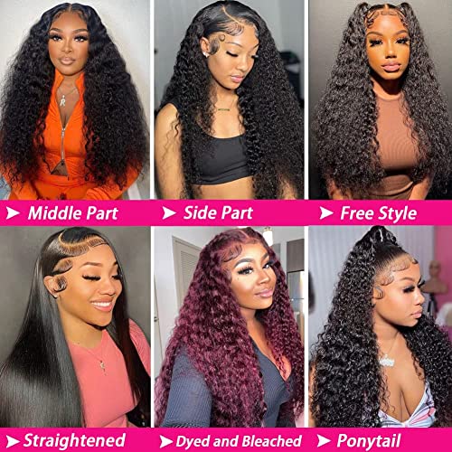 Deep Wave Lace Front Wigs Human Hair 180 Density 13x4 HD Transparent Frontal Wigs Human Hair for Women Deep Curly Glueless Wigs Human hair Pre Plucked with Baby Hair Natural Black 20Inch