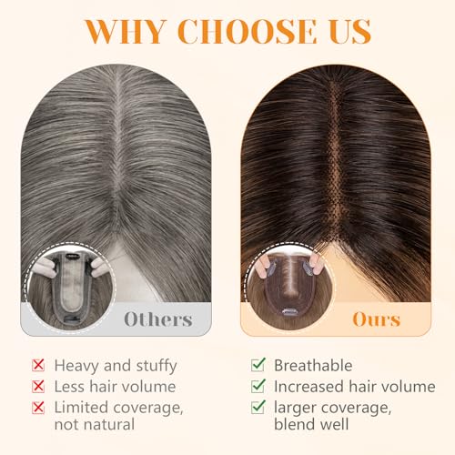Benehair 100% Remy Human Hair Toppers for Women 12 Inch Hair Pieces for Thinning Hair No Bangs with 4 * 4.7'' Hand Made Lace Base with 3 Clips Real Hair Toppers for Women Ombre Dark Brown