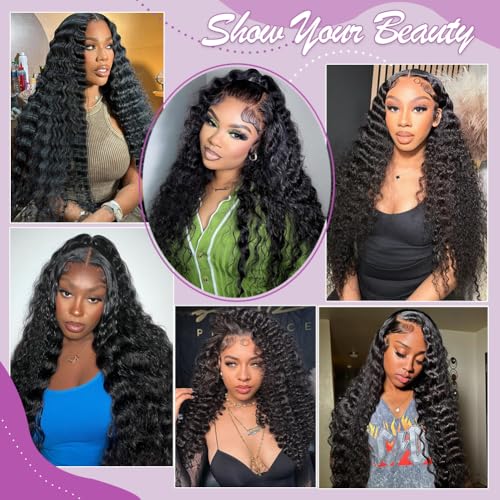 Deep Wave Lace Front Wig Human Hair 13x4 HD Lace Front Deep Wave Wig For Women Frontal Brazilian Human Hair Pre Plucked Curly Wet and Wavy 180 Density Bleached,Average Cap,Tangle Free 24 Inch