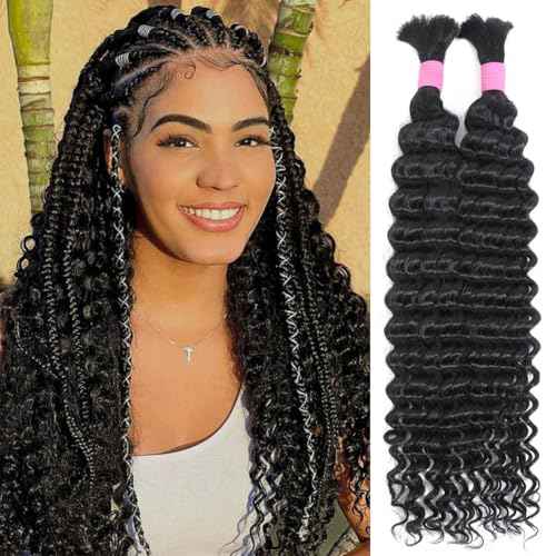 Human Braiding Hair for Boho Braids 20 Inch 2 Bundles 100g Deep Wave Bulk Hair 12A Virgin Curly for Knotless Braids (Natural Color)