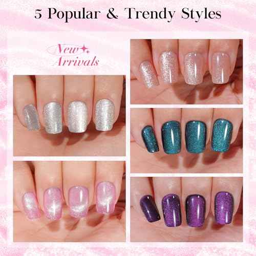 Jofay Fashion Cat Eye Press on Nails - Short, Salon-Like Fake Nails with Glitter Galaxy Chasing Light Cat Eye Designs
