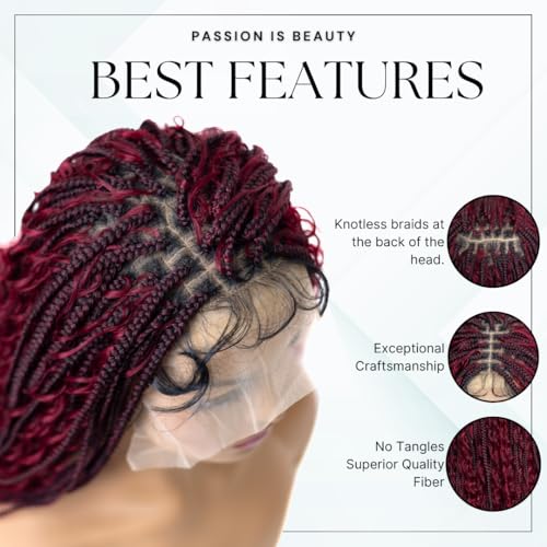 PIB 24'' Full Lace Bohemian Box Braid Wig - Knotless Braided Wigs for Black Women - Synthetic Braided Wig with Natural Baby Hair - Off Black and Burgundy #1B118