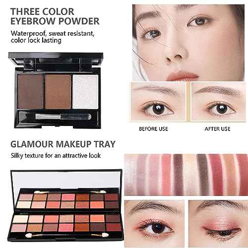 All in One Makeup Kit - 2X14 Eyeshadow Palette, Liquid Foundation, Eyeliner Pencils, Contouring Stick, 20pc Makeup Brushes (Pink)