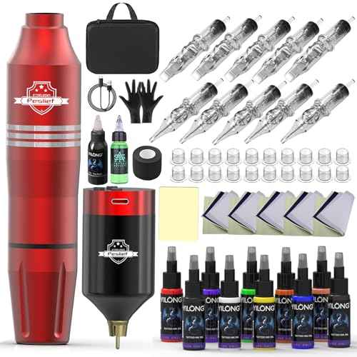 Tattoo Gun Kit Rotary Tattoo Machine Kit Professional Tattoo Pen Kit with Power Supply 10Pcs Cartridge Needles for Beginners and Artists Complete Tattoo Kit Tattoo Supplies - Red