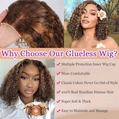 Ombre Curly Bob Wig Human Hair Glueless Wigs Human Hair Pre Plucked Pre Cut Short Highlights Closure Bob Wig Water Wave Middle Part Balayage Lace Frontal Human Hair Wigs for Black Women 4/27 14Inch