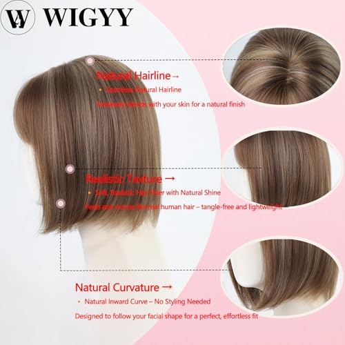 WIGYY Honey Brown Short Bob Wig with Bangs for White Women ? 12 Inch Straight Lace Front Synthetic Wig, Glueless Heat-Resistant Protein Fiber, Realistic Lightweight Daily Party Wear