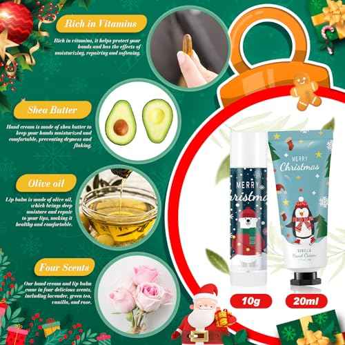 36 Set Christmas Hand Cream Gift Set, Including Moisturizing Hand Lotion, Xmas Lip Balm, Gauze Bags, Thank You Cards Natural Fragrant Bulk Christmas Gifts for Coworkers Employees Stuffers