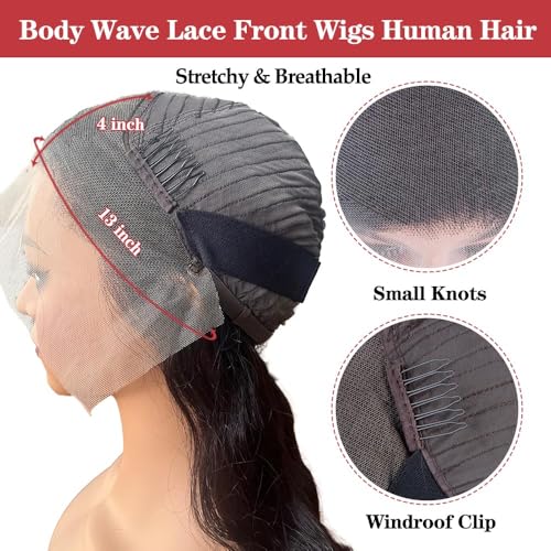 13x4 Body Wave Lace Front Wigs Human Hair 180 Density 16 Inch Lace Frontal Wigs Human Hair Pre Plucked HD Transparent Short Body Wave Wigs for Women Natural Black Color