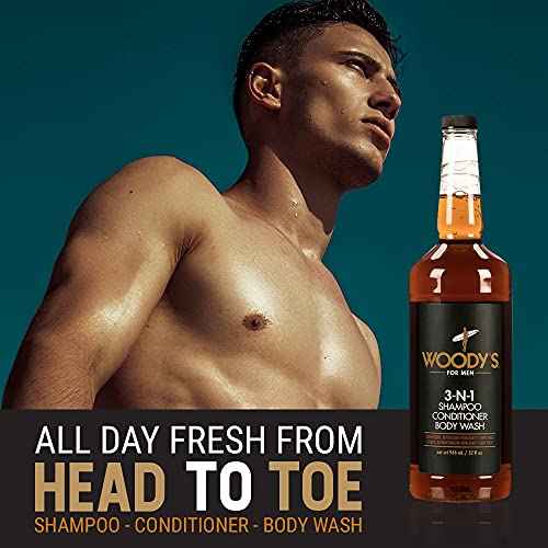 Woody's Mens Body Wash 3 in 1 ? Shampoo, Conditioner, & Body Wash, All-in-One Cleanser, Refreshing & Hydrating with Natural Extracts - 32 fl oz