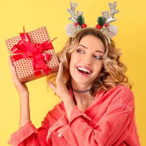 SARATA Christmas Headbands for Women Glitter Powder Bell Hair Hoop Elk Hair Band Reindeer Antlers Headband Women Girls Hair Access Headdress for Party 1PCS (Golden)