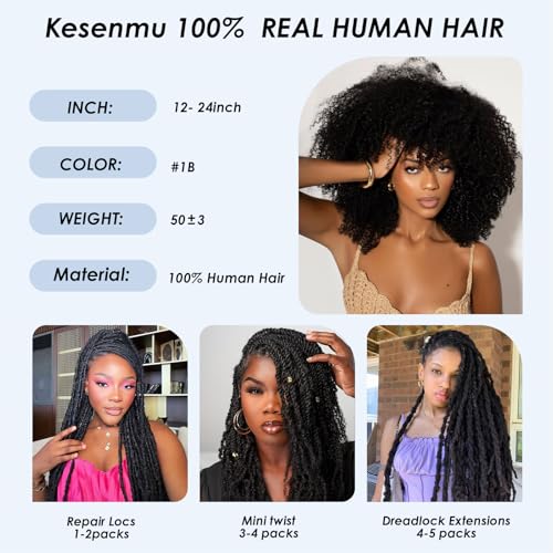 Afro Kinkys Bulk Human Hair,20 Inch 50g/Pack Afro Kinky-Curly Human Hair Bulk for Mini Twist, 4C Bulk Human Braiding Hair For Micro,Crochet,Repair, Dreadlocks,Locs Extensions