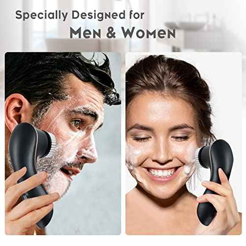Facial Cleansing Brush, Electric Face Scrubber Rechargeable Exfoliator IPX-7 Waterproof Rotating Cleanser for Exfoliating, Massaging and Deep Cleansing for Women & Men with 4 Brush Heads Black