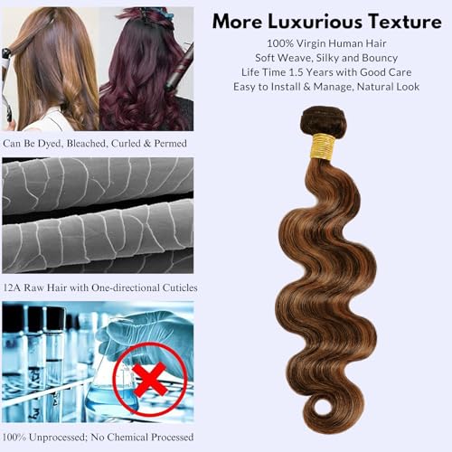 Brown Highlight Body Wave Bundles Human Hair 24 In, 12A Soft and Glossy Blonde Balayage Ombre One Bundles 100% Remy Hair Single Ombre Bundle #1b/30 Piano Color Dark Root