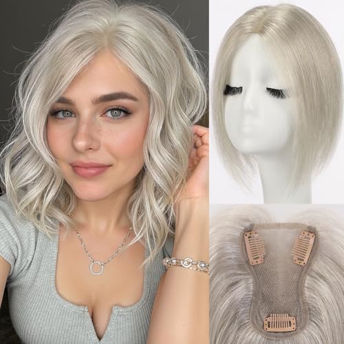 starluck Real Human Hair Toppers for Women 10 Inch Human Hair Topper no Bangs, 3 * 4.5 inches Swiss Base Suitable for ThinningHair Cover Grey Roots(Mixed Silver Grey)