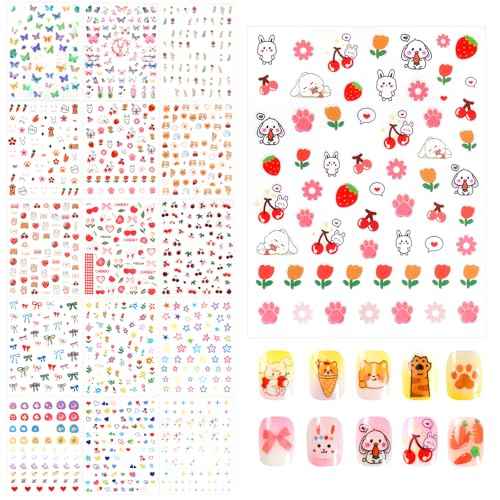 Allstarry Nail Stickers for Kids, 15 Sheets Kids Nail Stickers for Girls Self-Adhesive Nail Decals Cute Animal Fruit Bow Flower Heart Star Sticker Birthday Christmas Gift