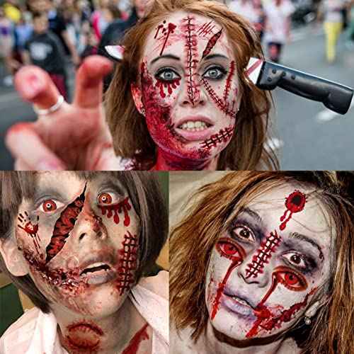 215+ PCS 30 Sheets 3D Fake Scars Tattoo Temporary Halloween Makeup Kit, Fake Stitches Tattoos Cut Scary Face Wound Blood Chucky Scars Tatoos For Kids Women Men Boys Girls Zombie Sticker