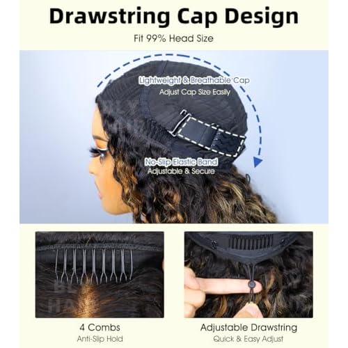 BLY Highlight Water Wave Half Wig Human Hair 3 in 1 Glueless Drawstring Flip Over Wear Go Wig for Women 1B 30 Color 180 Density Short Bob Wigs 10 Inch