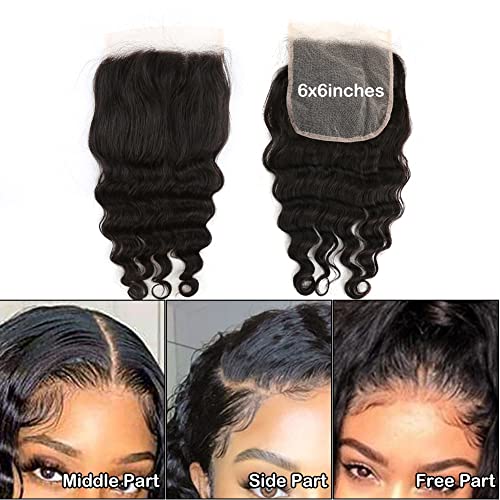 6x6 Lace Closure Loose Deep Wave Free Part Remy Virgin Human Hair Extensions Pre-plucked With Baby Hair Natural Black Color 14 inch