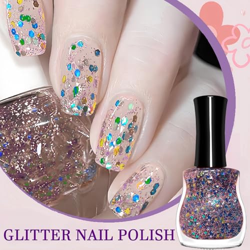 Confetti Nail Polish, Air Dry for Starter, Rainbow Glitter, Clear Colorful Reflective Gel Gift for Women Girls DIY at Home, 15ML