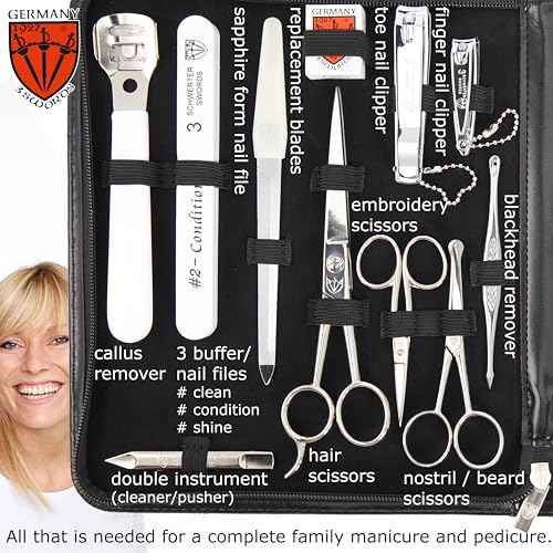 3 Swords Germany - Brand Quality 23 Piece Manicure Pedicure Grooming kit Set for Professional Finger & Toe Nail Care Tweezers File Clipper Fashion Leather case in Gift Box, Made by 3 Swords (0293)