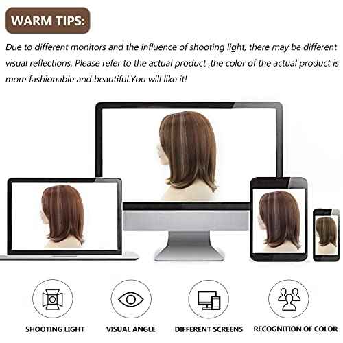 SEVENCOLORS Short Brown Mixed Blonde Bob Wigs for White Women Shoulder Length Synthetic Hair Wigs with Side Bangs Straight Blonde Highlights Women¡¯s Wig