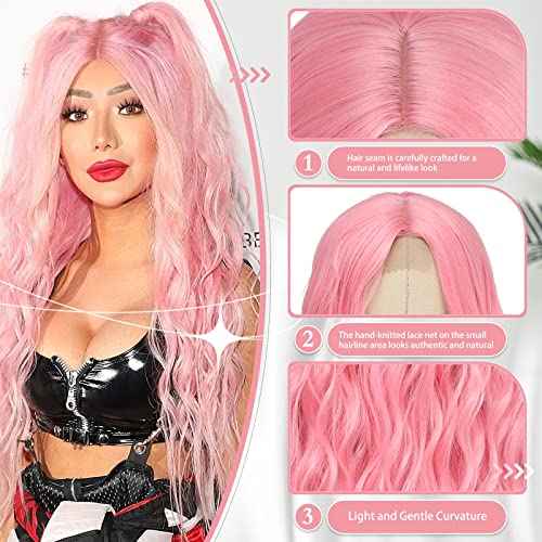 Cosplay Long Pink Wig 28 Inch Middle Part Synthetic Wig Realistic Gifts Party Wigs for Women Daily Use Colorful Wigs (Pink)