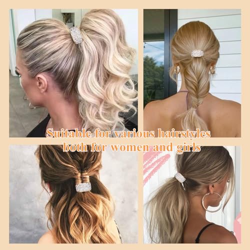 YISSION Hair Ties, 4Pcs Sparkly Rhinestone Scrunchies & Ponytail Holders, Premium Quality Hair Elastics with Crystal, Fancy Hair Accessories for Women Girls, Silver