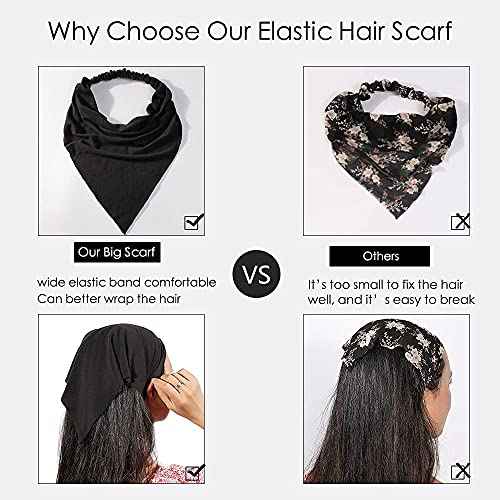 6 Pack Hair Scarf Headband for Women Elastic Bandana Head Scarf Large Boho Triangle Kerchief with Clips Non Slip Scarves