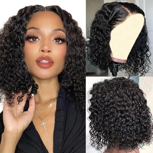 13x6 Deep Wave Lace Front Wigs Short Curly Bob Wig Human Hair 200 Density HD Glueless Lace Frontal Human Hair Wigs for Black Women Pre Plucked Natural Black 8 Inch