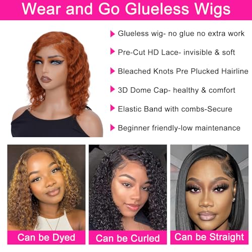 Ginger Bob Wig Human Hair Side Parted Deep Wave Lace Front Wigs for Women Colored Glueless Wigs Human Hair Preplucked Pre Cut Lace Closure Glueless Wig Wear and Go 14 Inch