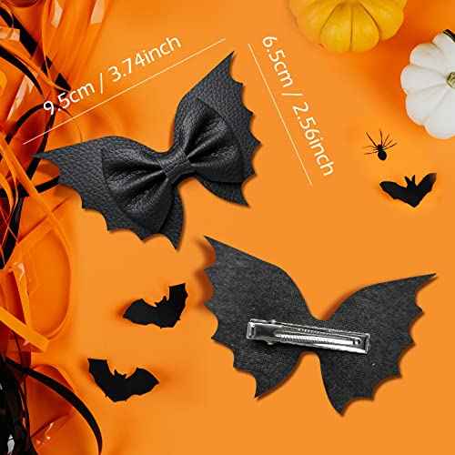 Halloween Bat Hair Bow Clips 4pcs Black PU Leather Alligator Barrettes for Teen Toddler Girls Women Kids Goth Cosplay Costume Decoration Accessories Party Favor Gift