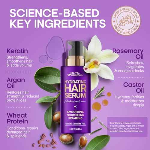 NUTRAHARMONY Hydrating Hair Serum ? Keratin Hair Treatment for Dry, Frizzy, Damaged Hair ? Biotin, Castor & Rosemary Oils ? Anti?Frizz, Heat Protectant & Split Ends Repair for Smooth, Shiny Hair, 5oz