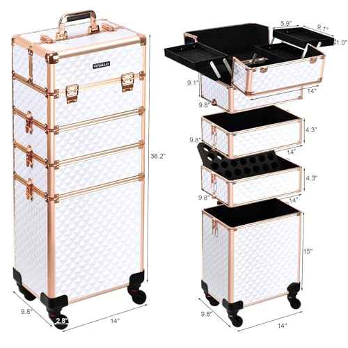 VETALLO Rolling Makeup Train Case, 5-in-1 Travel Makeup Case Organizer I Large Makeup Case with Key Swivel Wheels I Makeup Train Case for Manicurists Hairstylists Esthetician I White