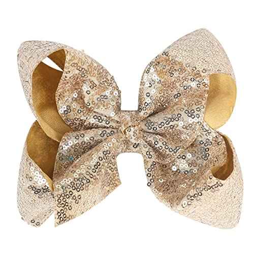 Hair Accessories: 8 Inch Large Sequin Bows and Alligator Clips for Women, Teens, and Girls (Gold)