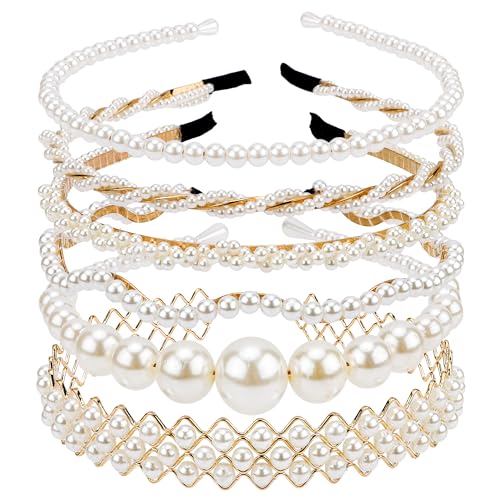 CUBACO 6 PCS Pearl Headband for Women White Headbands for Girl Jeweled Head Bands for Thin Thick Hair Fashion Rhinestone Hairband Bridal Beaded Headpiece Non Slip Hair Accessories for Party Wedding