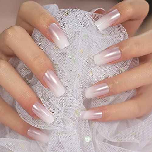 Medium Length Press on Nails Pink White False Nails Full Cover Short Fake Nails Faux Ongles Daily DIY Nails Manicure Kits Nail Art Tips