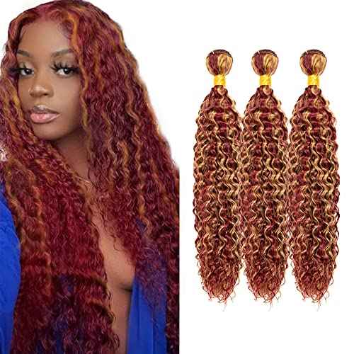 Burgundy Human Hair Bundles - Deep Wave Brazilian Unprocessed Virgin Hair - 22 24 26 Inch Red Highlight 99j Hair - 3 Bundles Set