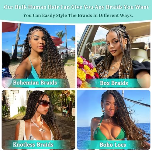 Ombre Human Braiding Hair for Boho Braids 20 Inch 120g Deep Wave Bulk Boho Human Hair for Braiding Curly Knotless Bohemian Braids 12A 100% Brazilian Virgin No Weft Extensions 3 Bundles/Pack T1B/350