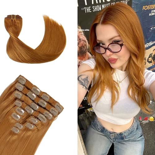 Remy Hair Extensions clip ins Hair Etensions for Women #30 Light Brown Double Weft Natural Hair Extensions Straight 8Pcs Soft and Thick 18inch 90g