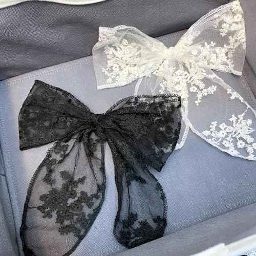 2PCS Large Lace Hair Bow Clips for Women Drape Bow Translucent Mesh Bow Barrette Hair Accessories for Girls Women (Black+White)